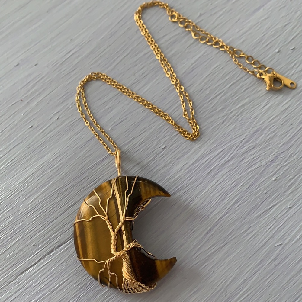 Tigers Eye Necklace Tigers Eye Pendant with Gold Plated Stainless Steel Chain
